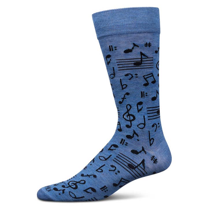 Men's Bamboo Crew Socks Denim Heather Musical Notes