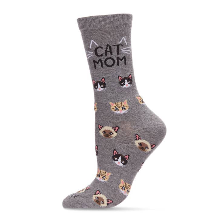 Women's Bamboo Crew Socks Med Gray Heather Cat Mom