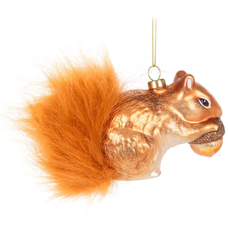 Red Squirrel Glass Ornament with Faux Fur Tail
