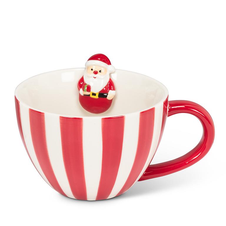 Holiday Striped Mug with Santa Figurine