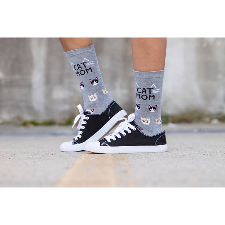 Women's Bamboo Crew Socks Med Gray Heather Cat Mom
