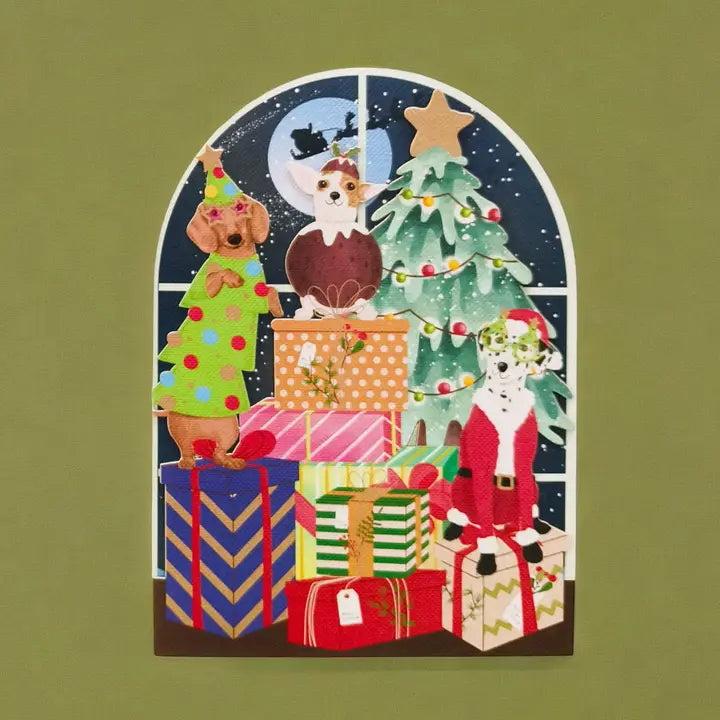 Christmas Dogs + Presents Paper Cut Art Card