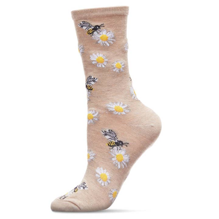 Women's Bamboo Crew Socks Oatmeal Heather Daisy Bees