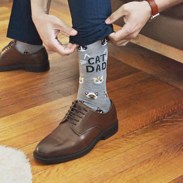 Men's Bamboo Crew Socks Med Gray Heather Cat Dad