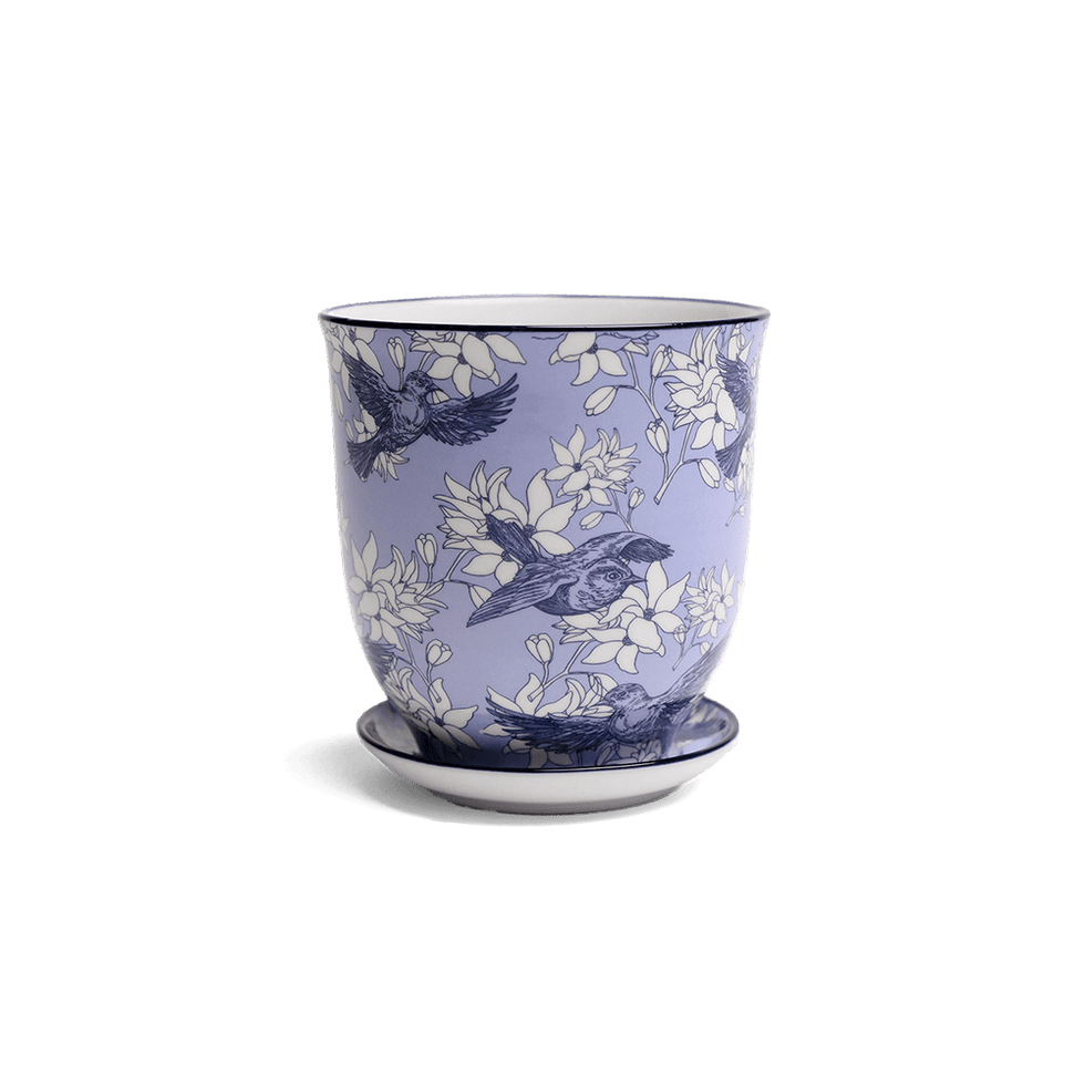 Liberte 4, 4.25" Pot & Saucer - Blue Swallows