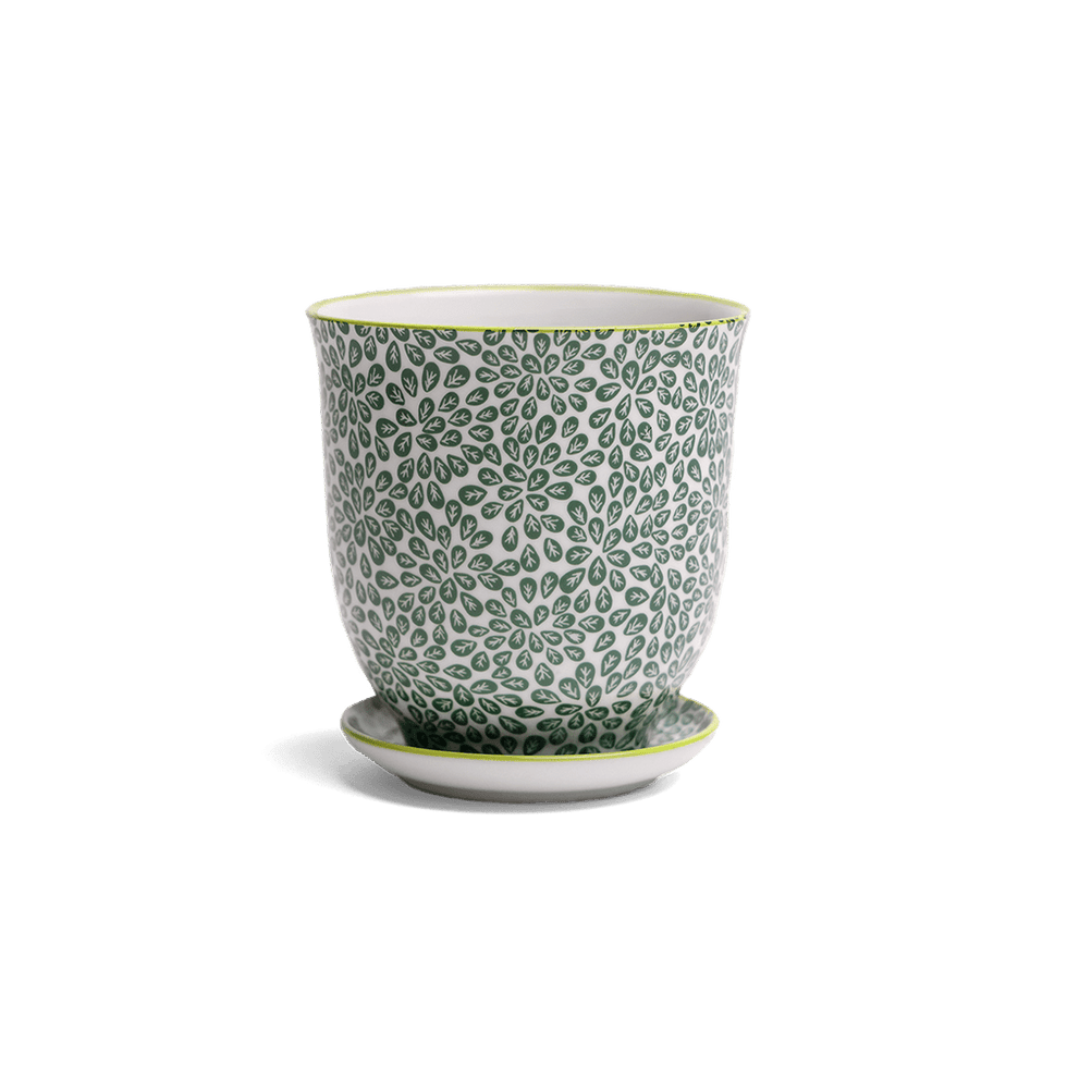 Liberte 3, 4.25" Pot & Saucer - Green Leaves