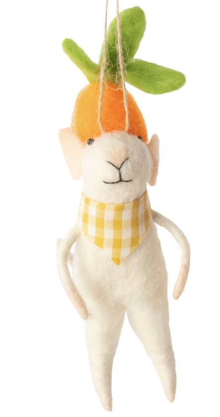 F77 - White Felt Mouse Ornament In Check Dress And Carrot Trim
