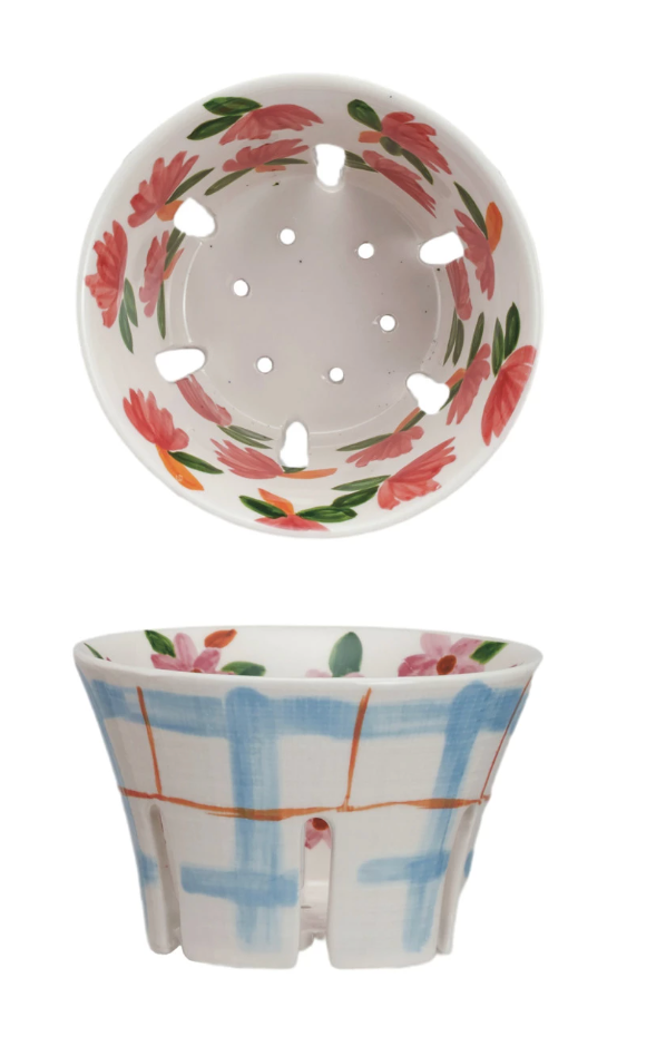 Hand-Painted Stoneware Berry Bowl w/ Plaid + Floral