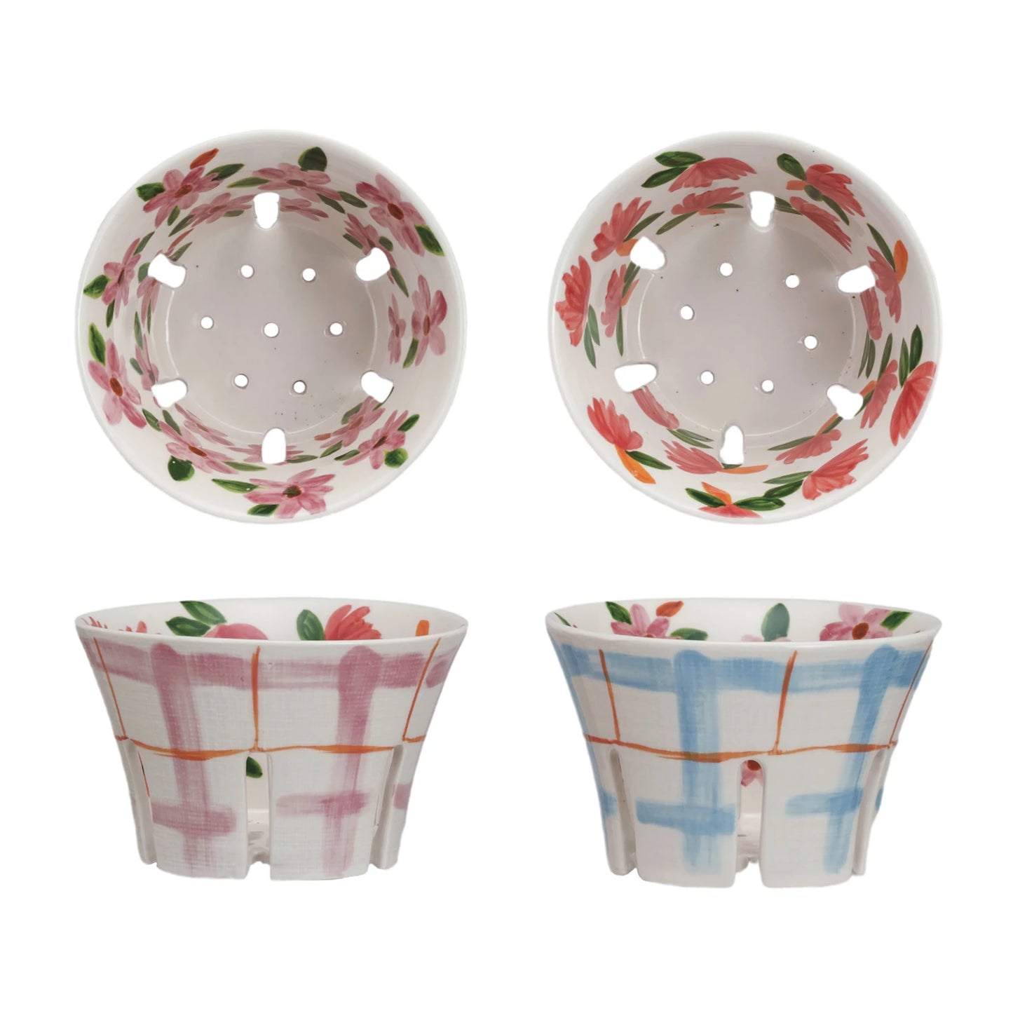 Hand-Painted Stoneware Berry Bowl w/ Plaid + Floral