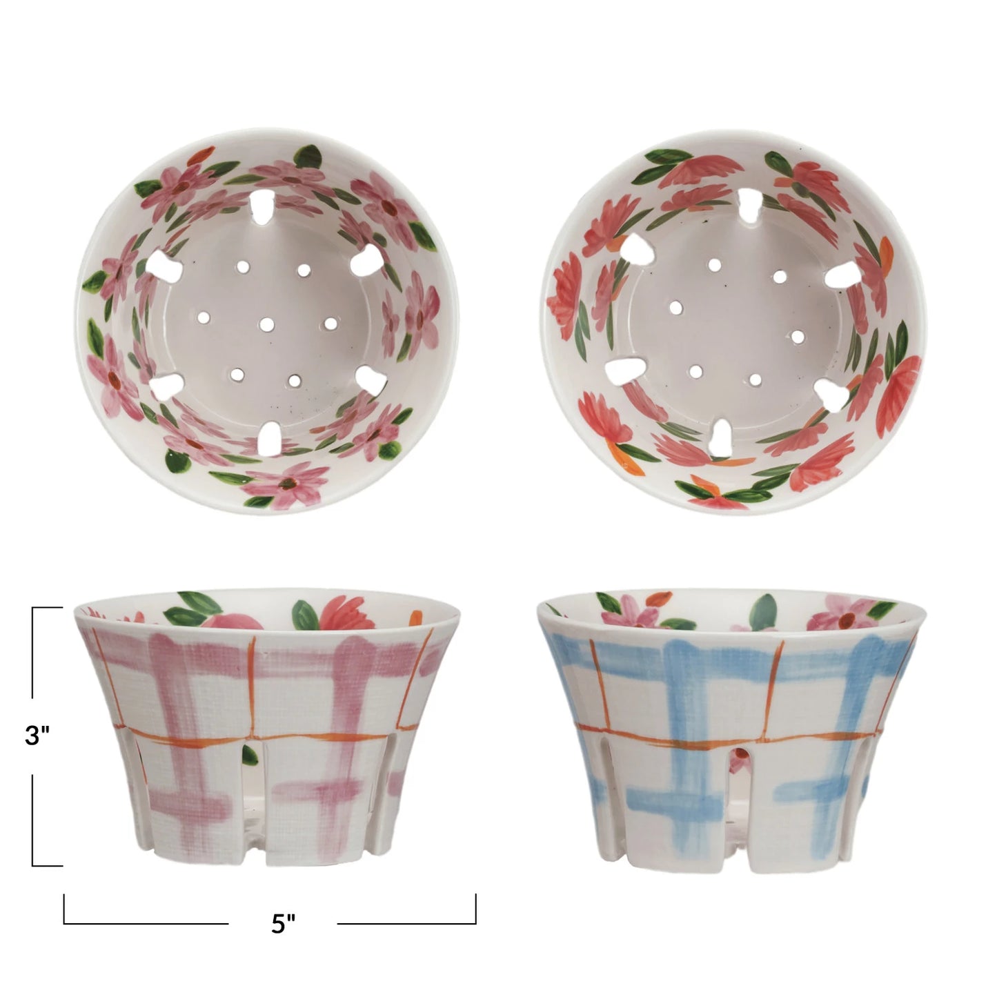 Hand-Painted Stoneware Berry Bowl w/ Plaid + Floral