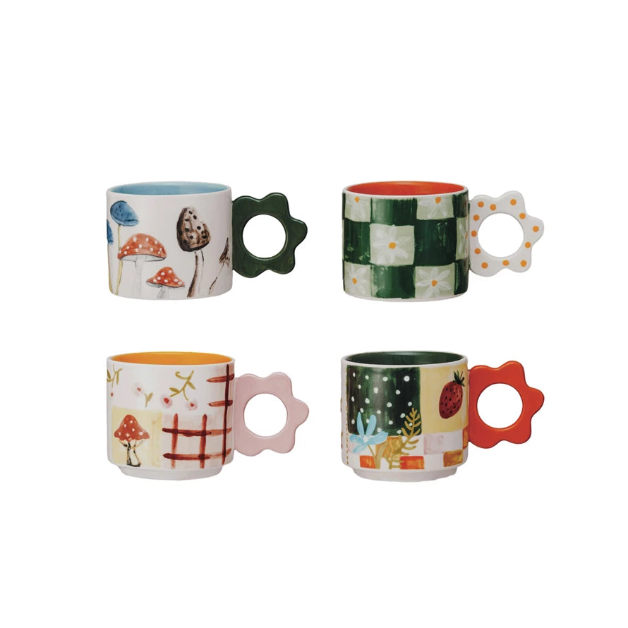 Hand-Painted Stoneware Mug w/ Flower Shaped Handle