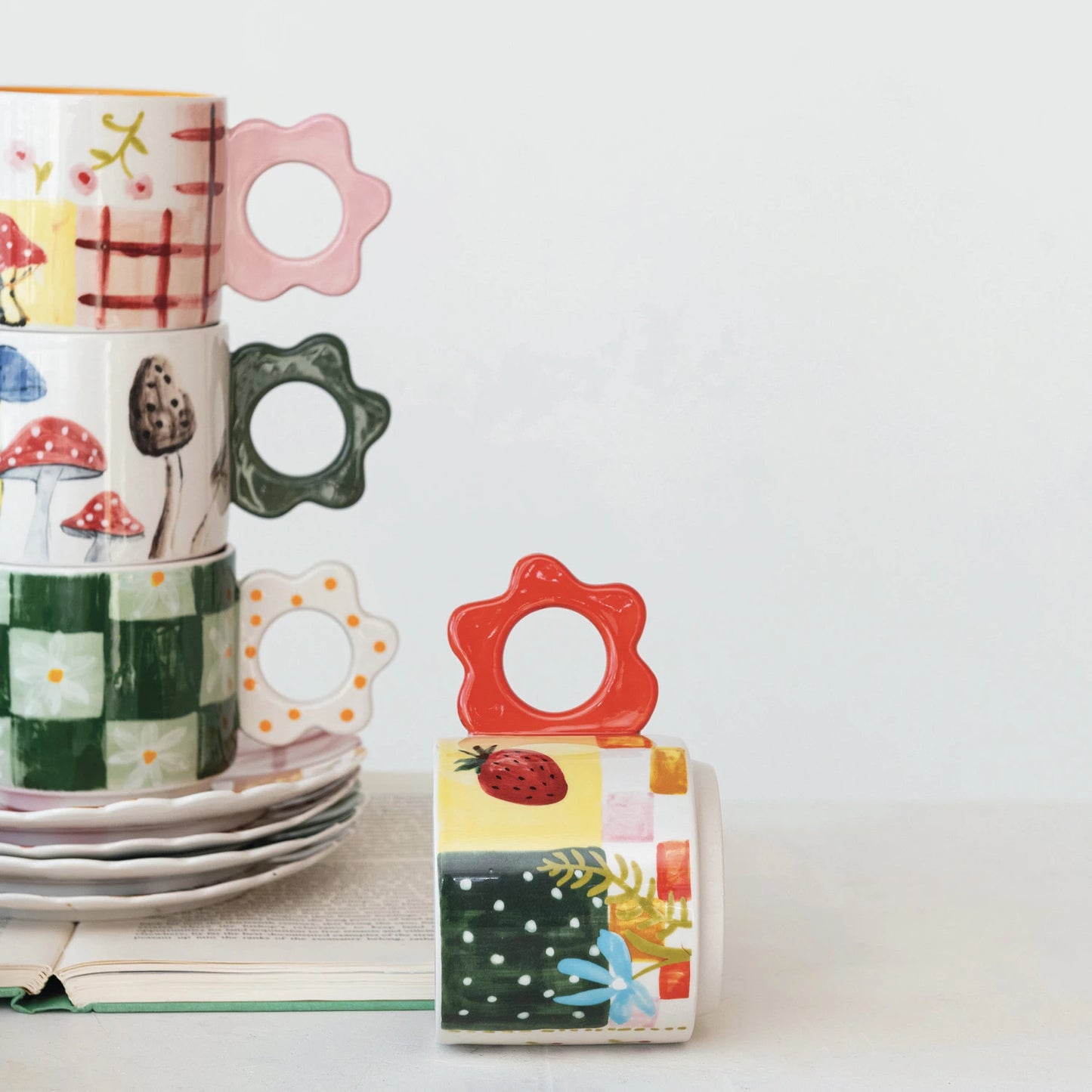 Hand-Painted Stoneware Mug w/ Flower Shaped Handle