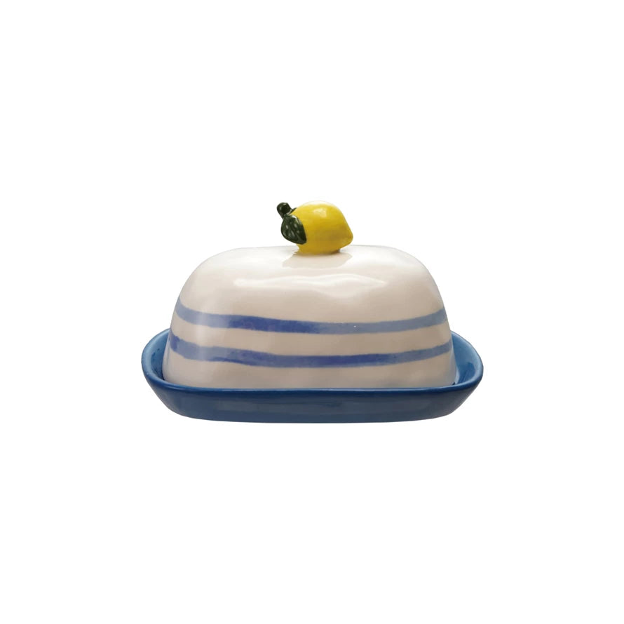 Hand-Painted Butter Dish with Lemon Shaped Finial + Blue Stripes