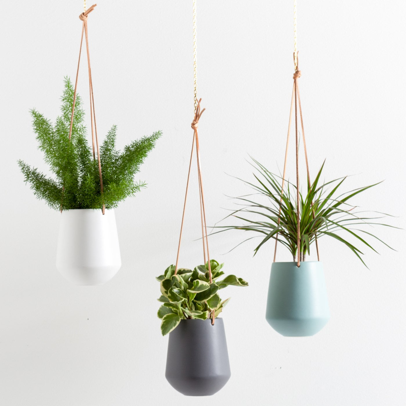 Ashbury Leather Hanging Large Ceramic Planter Grey