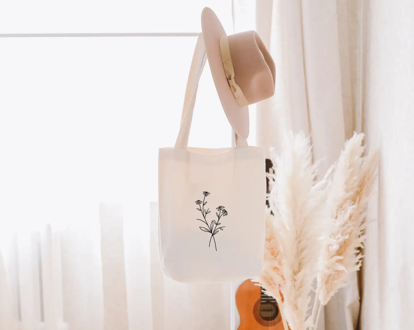 Double Wildflower Line Art Cotton Tote Bag