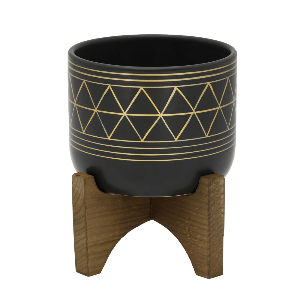 5" Geo Black & Gold Ceramic On Wood Stand