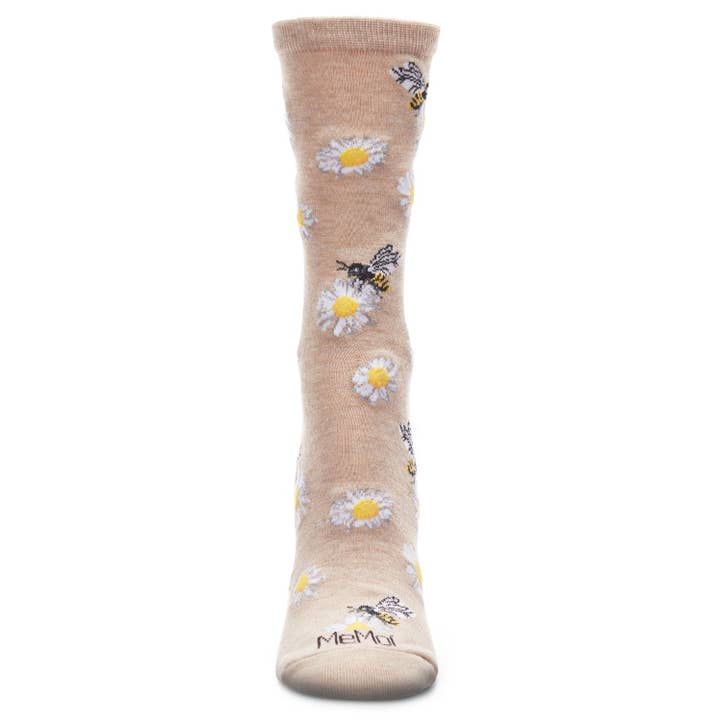 Women's Bamboo Crew Socks Oatmeal Heather Daisy Bees