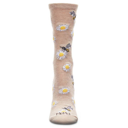 Women's Bamboo Crew Socks Oatmeal Heather Daisy Bees