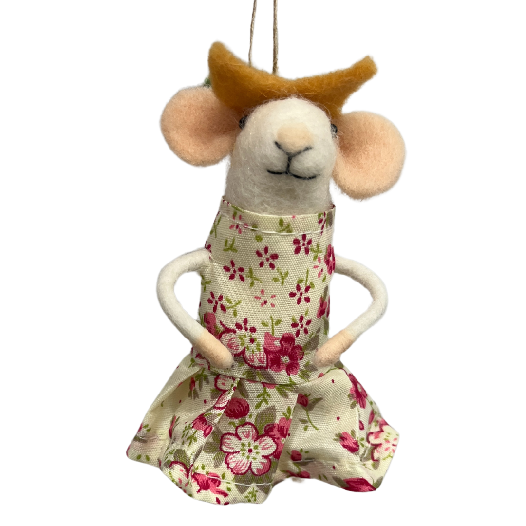 F79 - Felt Mouse Ornament In Spring Floral Print Dress And Floral Hat