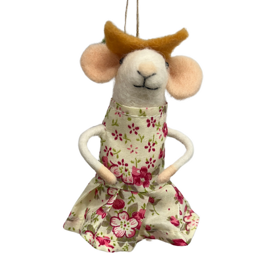 Felt Mouse Ornament In Spring Floral Print Dress And Floral Hat