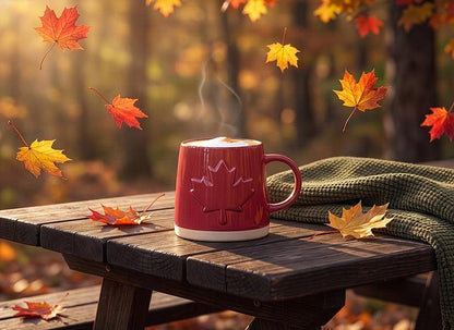 Red Embossed Maple Leaf Stoneware Mug