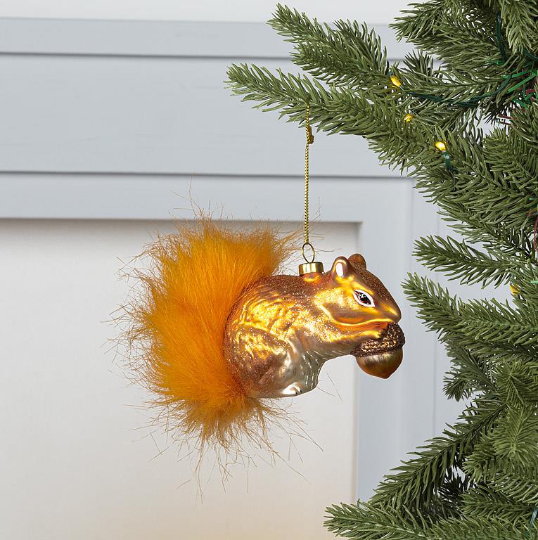 Red Squirrel Glass Ornament with Faux Fur Tail
