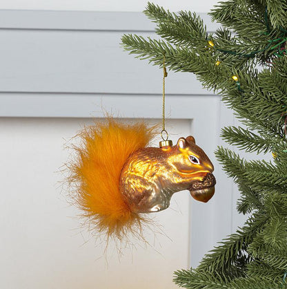 Red Squirrel Glass Ornament with Faux Fur Tail