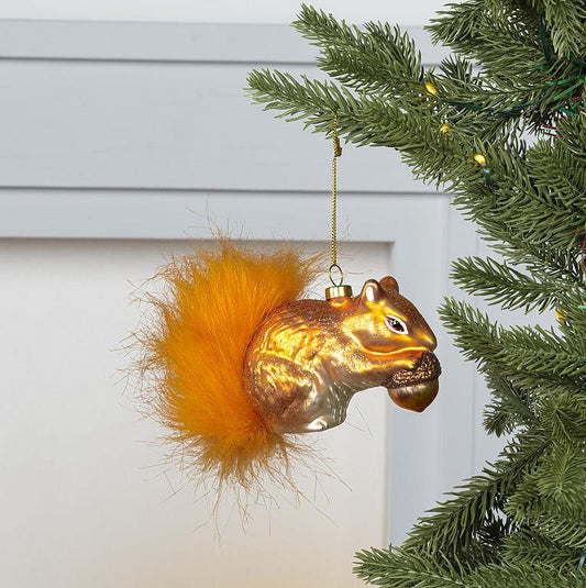 Red Squirrel Glass Ornament with Faux Fur Tail
