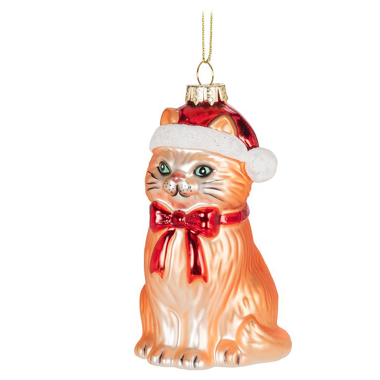 Gold Glass Santa Hat Cat Ornament