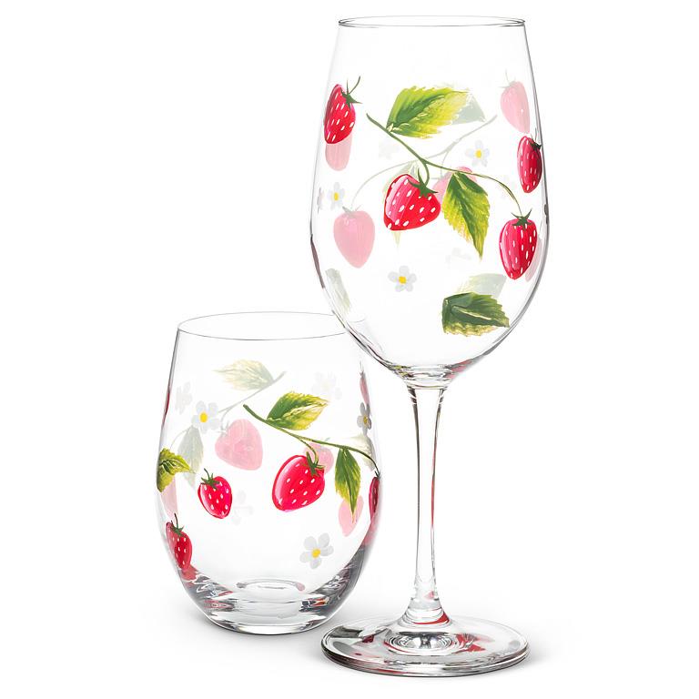Strawberries + Flower Stemless Glass