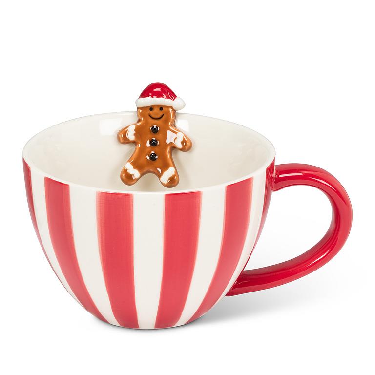 Holiday Striped Mug with Gingerbread Man Figurine