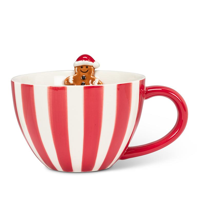 Holiday Striped Mug with Gingerbread Man Figurine