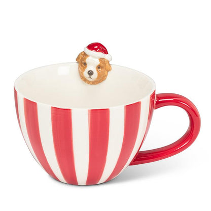 Holiday Striped Mug with Dog Figurine