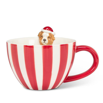 Holiday Striped Mug with Dog Figurine