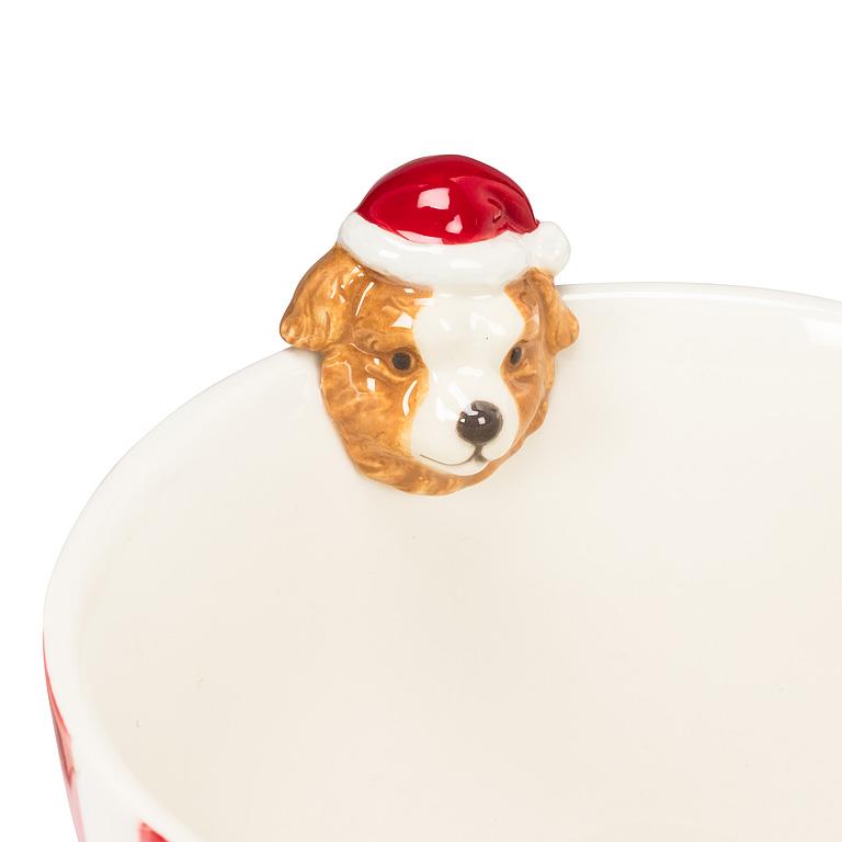 Holiday Striped Mug with Dog Figurine