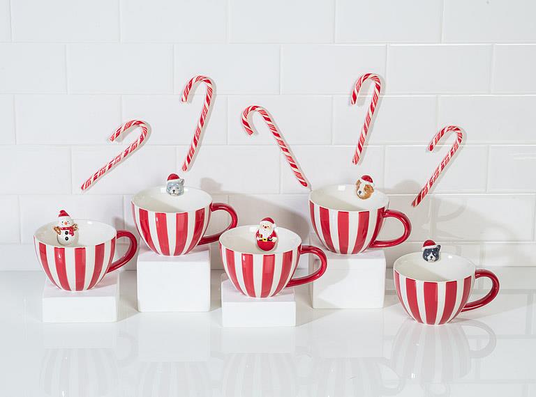 Holiday Striped Mug with Dog Figurine