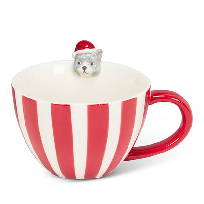 Holiday Striped Mug with Cat Figurine