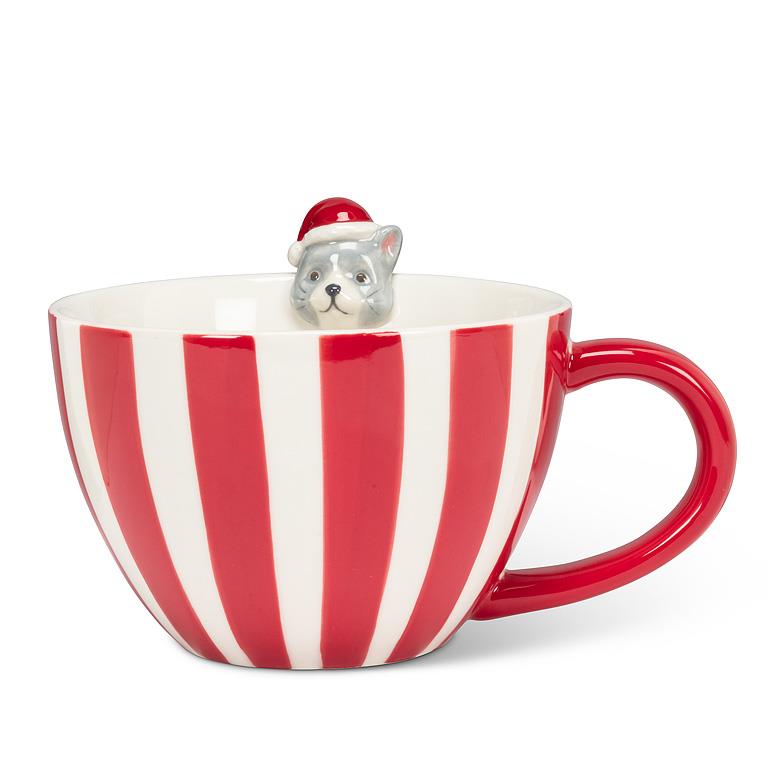 Holiday Striped Mug with Cat Figurine