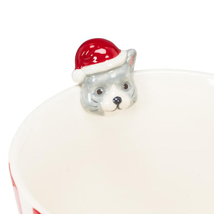 Holiday Striped Mug with Cat Figurine