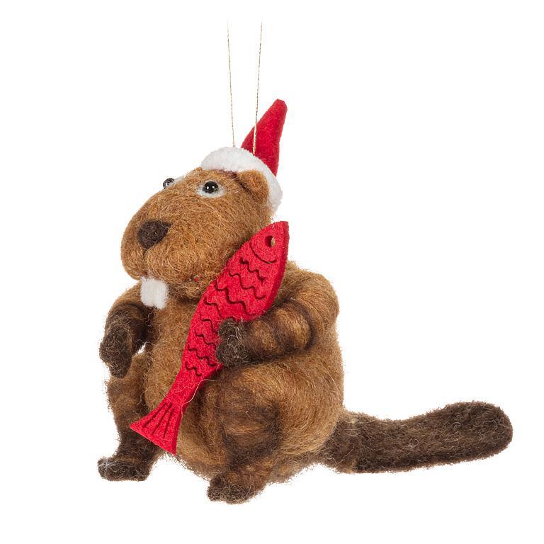 F119 - Beaver with Hat & Fish Ornament