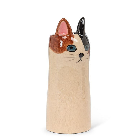 Tall Brown + Cream Cat Vase