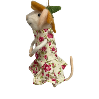 F79 - Felt Mouse Ornament In Spring Floral Print Dress And Floral Hat