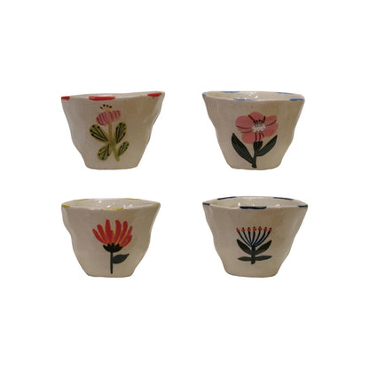 3-1/4" Hand-Painted Stoneware Cup/Bowl – Organic Shape with Flower Design