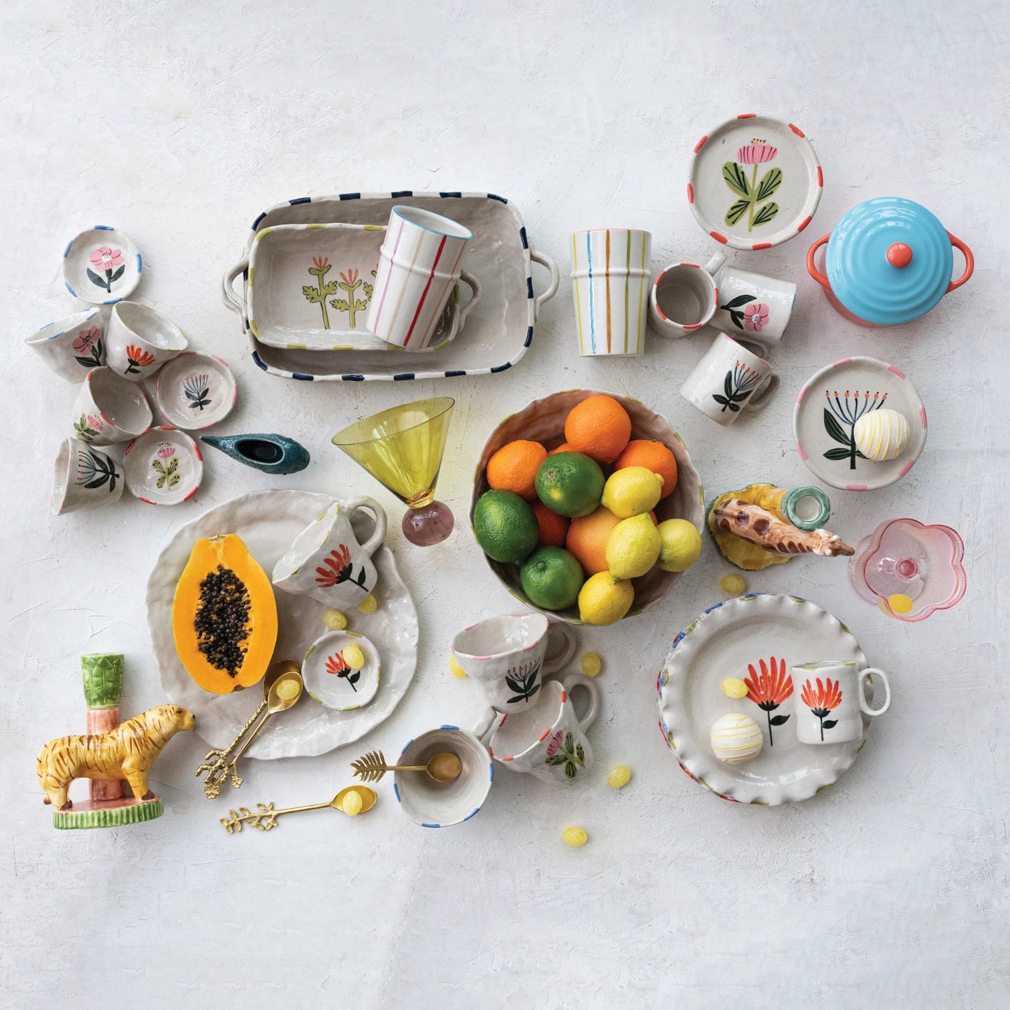 3-1/4" Hand-Painted Stoneware Cup/Bowl – Organic Shape with Flower Design