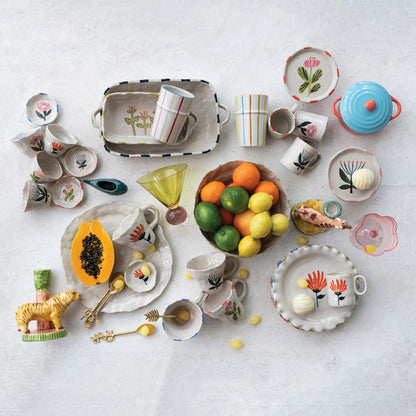 3-1/4" Hand-Painted Stoneware Cup/Bowl – Organic Shape with Flower Design