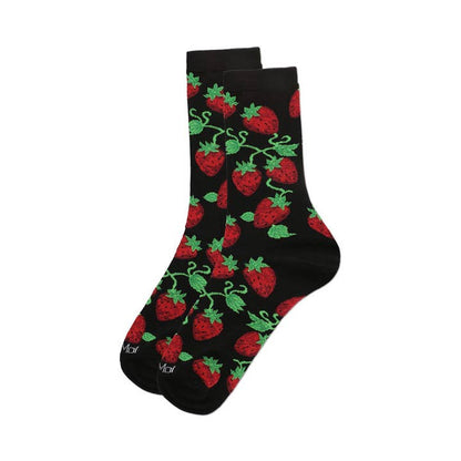 Women's Bamboo Crew Socks Black Strawberry Vines