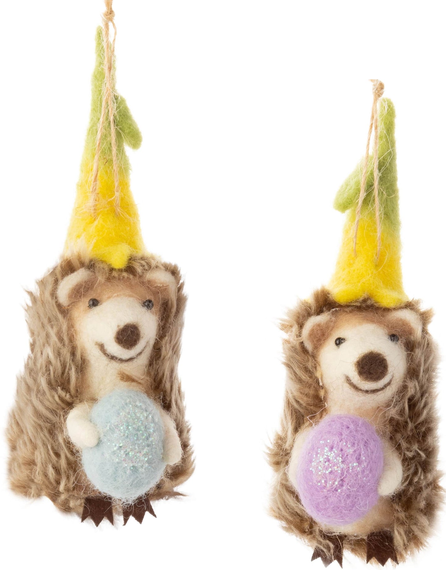 F114 - Felt Hedgehog Ornament With Floral Hats And Egg Trim