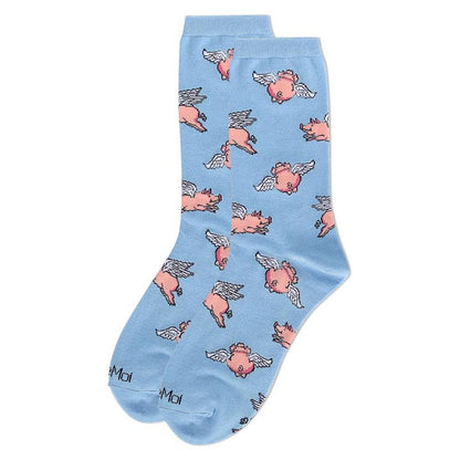 Women's Bamboo Crew Socks Light Blue Flying Pigs