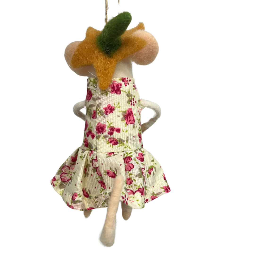 F79 - Felt Mouse Ornament In Spring Floral Print Dress And Floral Hat
