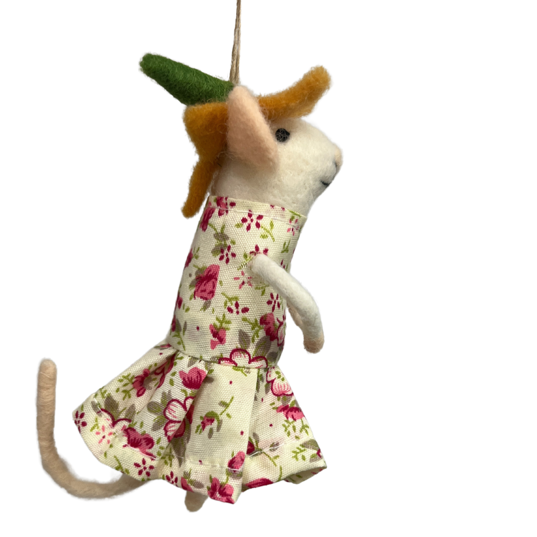 F79 - Felt Mouse Ornament In Spring Floral Print Dress And Floral Hat